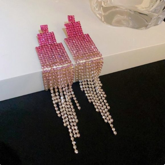 🍏50% OFF/3+...Colorful Rhinestone Tassel Earrings (Pink Ombré) - Picture 3 of 5